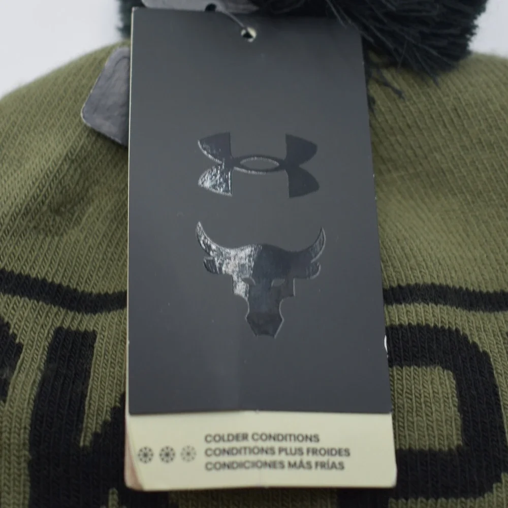 Under Armour Project Rock Red One Pom Beanie Hat Olive Green NEW 6003768-390